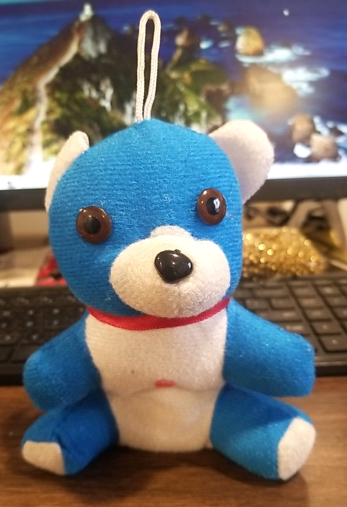 HANDMADE HANGING SMALL, CUTE BLUE BEAR SOFT STUFFED ANIMAL, SITS ALONE 6 IN
