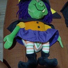 Halloween Witch Plush Doll Soft Green Face Purple Hair Black Hat Orange Dress