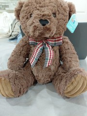 It is approximately 10 to 11 inches tall. The bear is brown with soft fur and fW