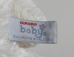 Aurora Baby Plush Puppy Dog Purple White Satin Ears Laying Flat 13 Inch