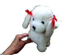 Vtg stuffed White standing 8″ T French Poodle Puppy Dog Plush red ribbons Bows