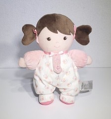 Baby Starters Plush Rattle Brown Hair Eyes Pink Bows Flowers Girl Doll Toy 9″EUC