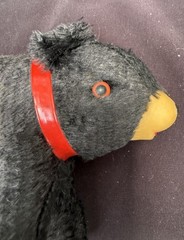 Vintage Straw Stuffed Black Bear Rubber Face Red Collar Chain Glass Eyes