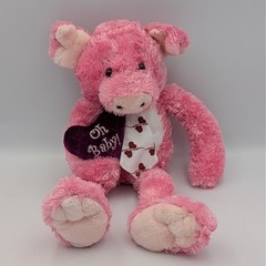 Vintage Valentines Day Pink Pig Plush Oh Baby Heart Shaggy Soft Stuffed Animal