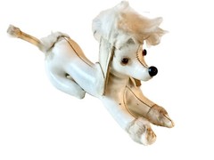 Vintage White Leather French Poodle Plush With Fur, Plastic Nose & Amber Eyes