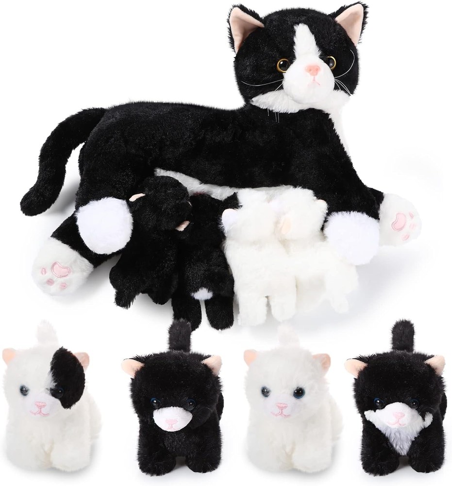 Skylety Nurturing Cat Stuffed Animal with 4 Plush Kittens, Cats Baby Stuffed for