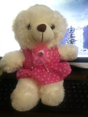 KELLYTOYS CUTE WHITE FEMALE BEAR PLUSH STUFFED ANIMAL WITH PINK DRESS, 13 in