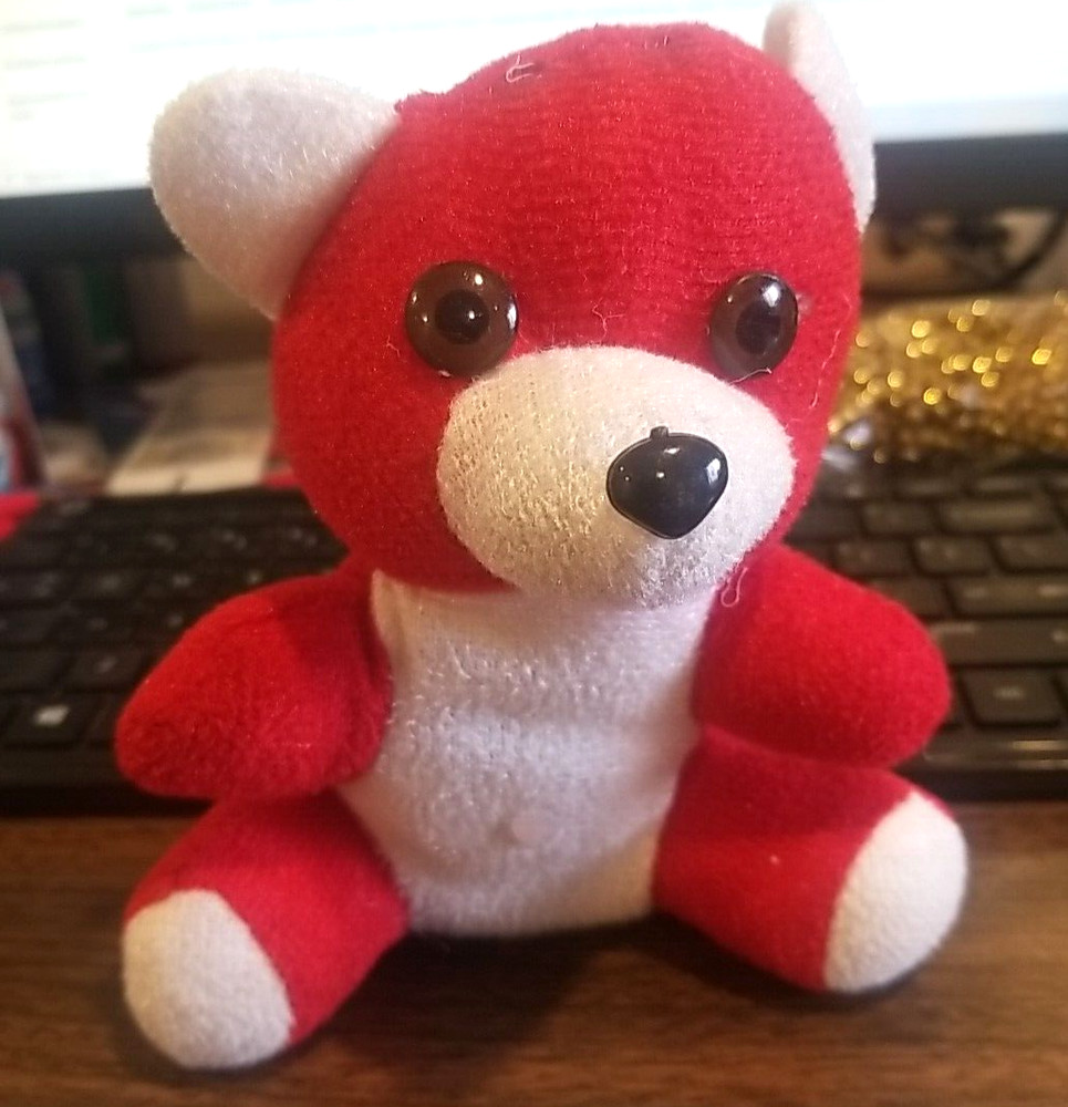 HANDMADE HANGING SMALL, CUTE RED BEAR SOFT STUFFED ANIMAL, SITS ALONE 6 IN