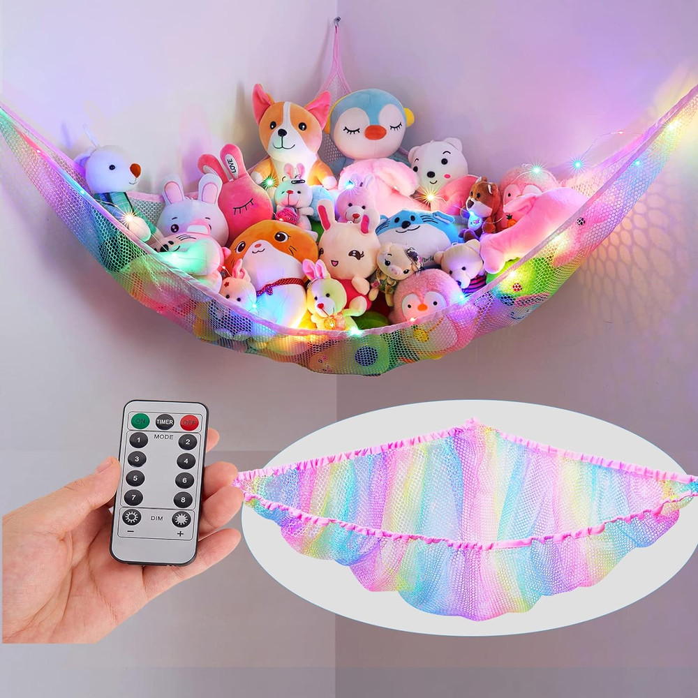 Stuffed Animals Net Hammock Toy Storage with LED Light Plush Toy Organizer Corne