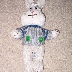 Vintage Chrisha Playful Plush Easter Bunny Rabbit Wearing Gray and Blue Sweater