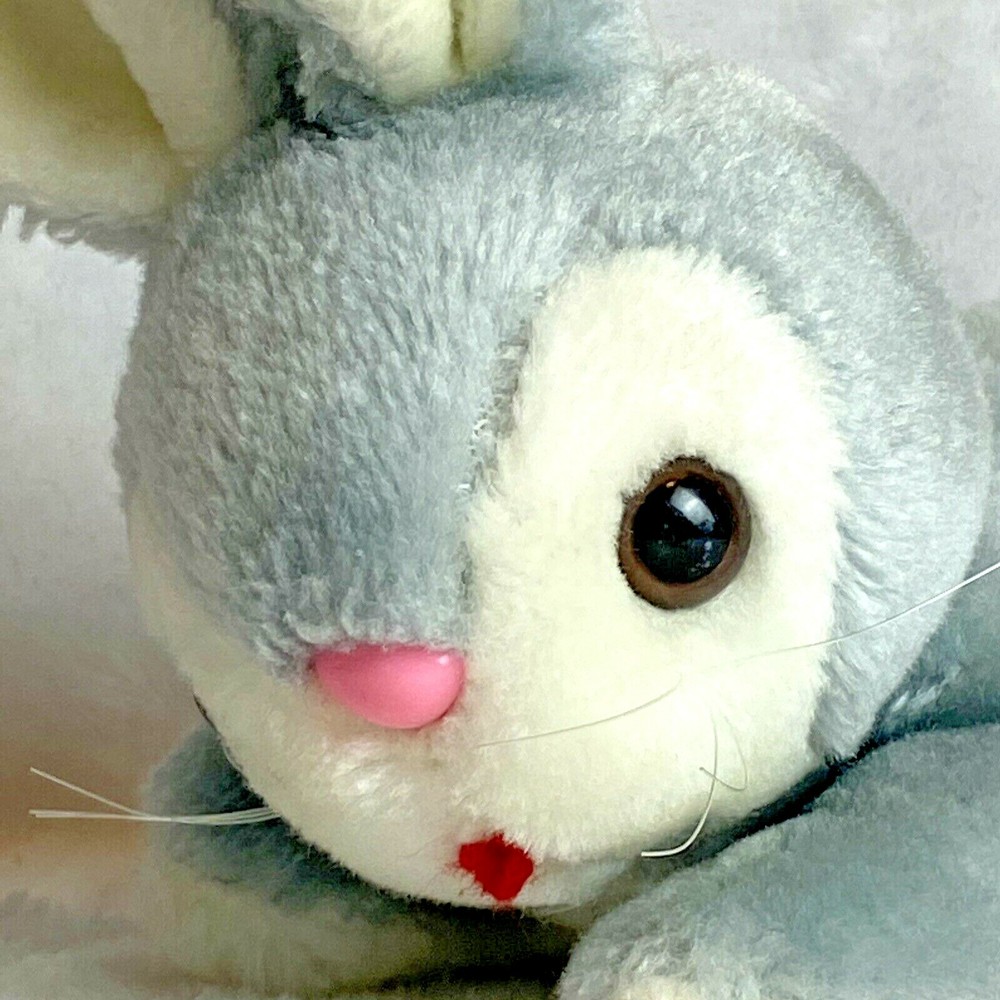 Vintage Tiny Bunny Rabbit Plush Stuffed Animal 7″ Gray White Plastic Pink Nose