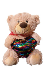 Soft Sequined Heart Teddy Bear Plush Tan w/ Red Bow Stuffed Animal Toy 12″