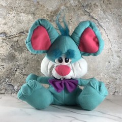 VINTAGE GREAT AMERICAN TOY CO BLUE MOUSE PLUSH PINK TAIL PURPLE BOW PLASTIC EYES