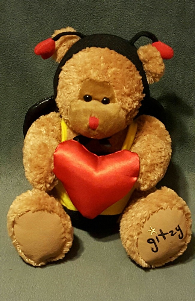 Beverly Hills Teddy Bear Company GLITZY Bee Outfit Holding Red Heart 8″