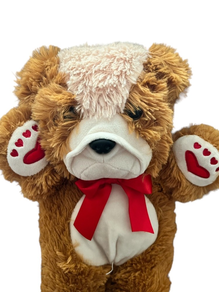 Golden Brown & Beige Wrinkled Plush Puppy Dog Stuffed Animal Red Hearts Bow 14”