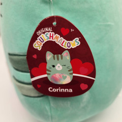 Squishmallows Corinna Teal Tabby Cat 13″ Fuzzy Rainbow Heart Tummy Valentine’s