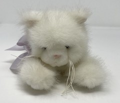 The Bearington Collection White Cat Kitten Plush Laying Satin Bow, 9”