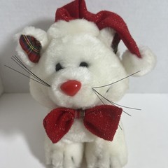 Vintage Armbee Christmas White Kitty Cat Plush Red Santa Hat Bow Tie Holiday