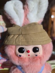 New Baby Three Macron V3 Pink Bunny With Overalls And Hat.