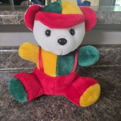 10″ Color Block Teddy Bear Plush Red Green Yellow White Stuffed Toy Vintage