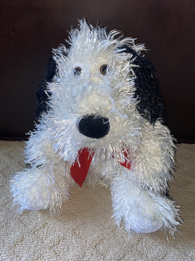 Toy Factory Puppy Dog Fuzzy White Black Red Ribbon Plush Stuffed Animal Toy EUC