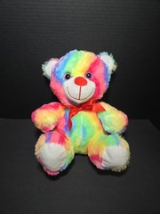 RAINBOW TEDDY BEAR 9″ PLUSH RED BOW, RED NOSE, PINK GLITTER EYES