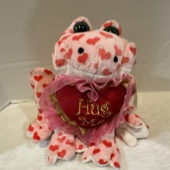 Plush Valentine’S Day PLUSH FROG Pink and Red ” HUG ME ” Heart Green Eyes 8″