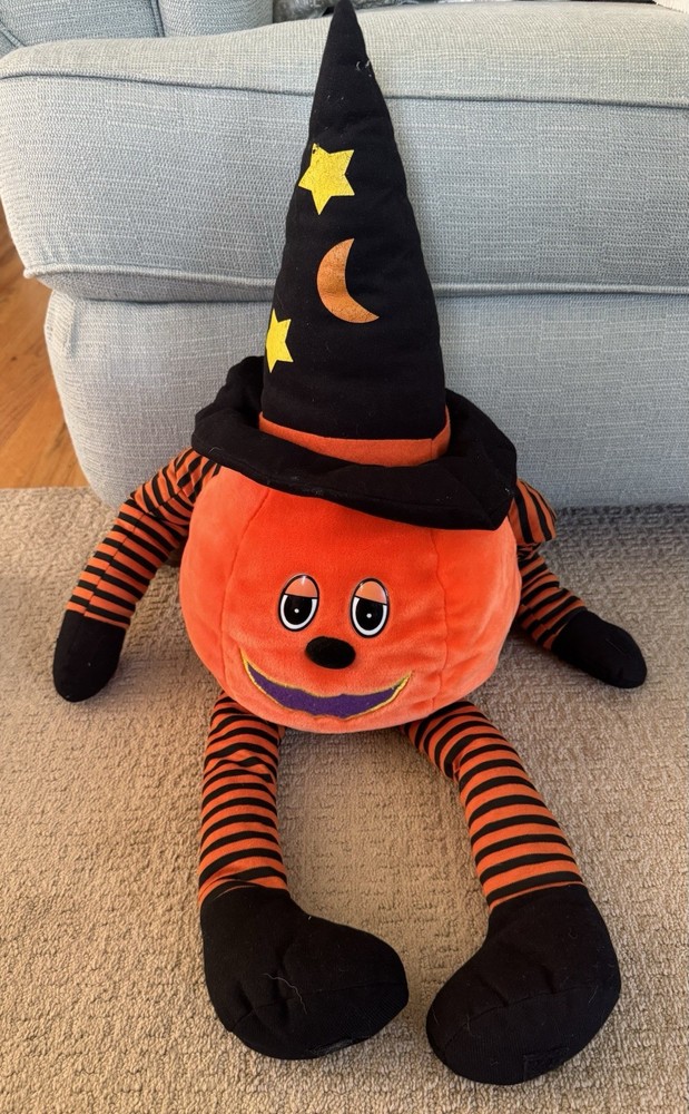 VTG 1988 CHRISHA 34″ Playful Plush Halloween Pumpkin Witch Hat Long Legs