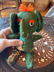 VINTAGE Small Stuffed Fabric Elephant Groovy 1960’s 1970’s 7.5″ Long Batik Yarn