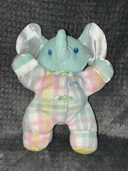 Playskool Elephant Snuzzles Plush 11″ Green Pastel Plaid Baby Lovey 1996