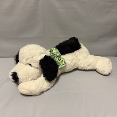 Vintage Dog Plush White Black Spots Laying Green Sunflower Bow Floppy 22 Inch