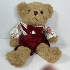 Russ Berrie & Co. Vintage Brandon Bear Plush Bow Tie Burgundy Velvet Overalls