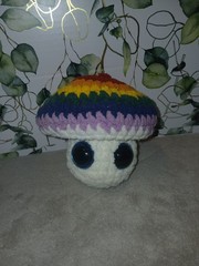 Handmade Cute Crochet Mushroom Plush Stuffed Toy with Big Blue Eyes, Rainbow Cap