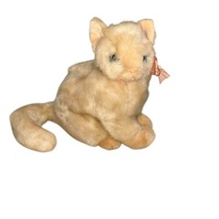 VTG FAO Schwarz Tan Buff Cat Plush Stuffed Animal Toy with Bow Blue Eyes