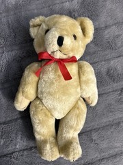 Vintage Jointed Golden Teddy Bear With Red Bow Hand Stitched Details 13”
