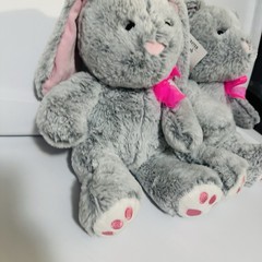 Gray Bunny Plush Stuffed Animal Pink Ribbon- Easter- Bunnies -Set Of 2