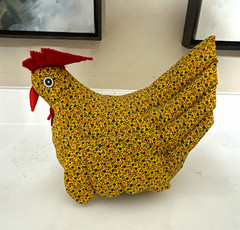 Handmade Yellow Floral Fabric Chicken Stuffed Animal Plush, 11 in, Red/Black