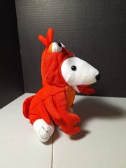 The product is a 7″ plush Target Bullseye Dog wearing a red lobster costume…
