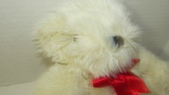 Plush Teddy Bear Beige Cream Red satin ribbon bow shaggy furry
