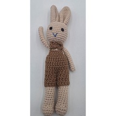 Handmade Crochet Bunny Amigurumi Plush Cream Brown Overalls Stuffed Animal 8in