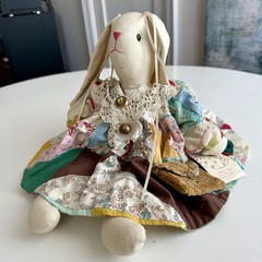 NWT VTG Handmade Easter Bunny Rabbit Cloth Toy Doll Floppy Ears Patchwork Dress