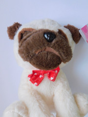 Puppy Dog Tan Brown Stuffed Plush About 11 inches tall Heart Red Bowtie