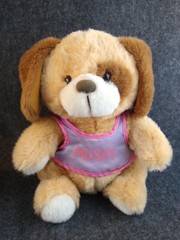 Fairview Puppy Dog Brown Plush Stuffed Animal w Pink Shirt Mushy Vintage
