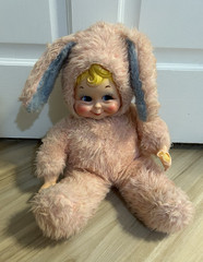 Rushton Vintage Pink Bunny Rabbit Plush Stuffed Animal Blue Ears