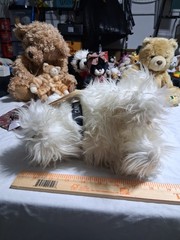 White Realistic Dog Plush Maltese or small Terrier w Blue Bow 9″ long puppy dog