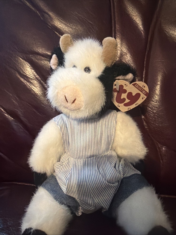 Small TY Black & White Plush Jointed COW Blue Pin Striped OverallMadison 1993. E