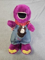 Barney Purple Dinosaur Cowboy Plush Stuffed Animal Horse Overalls Bandana Toy