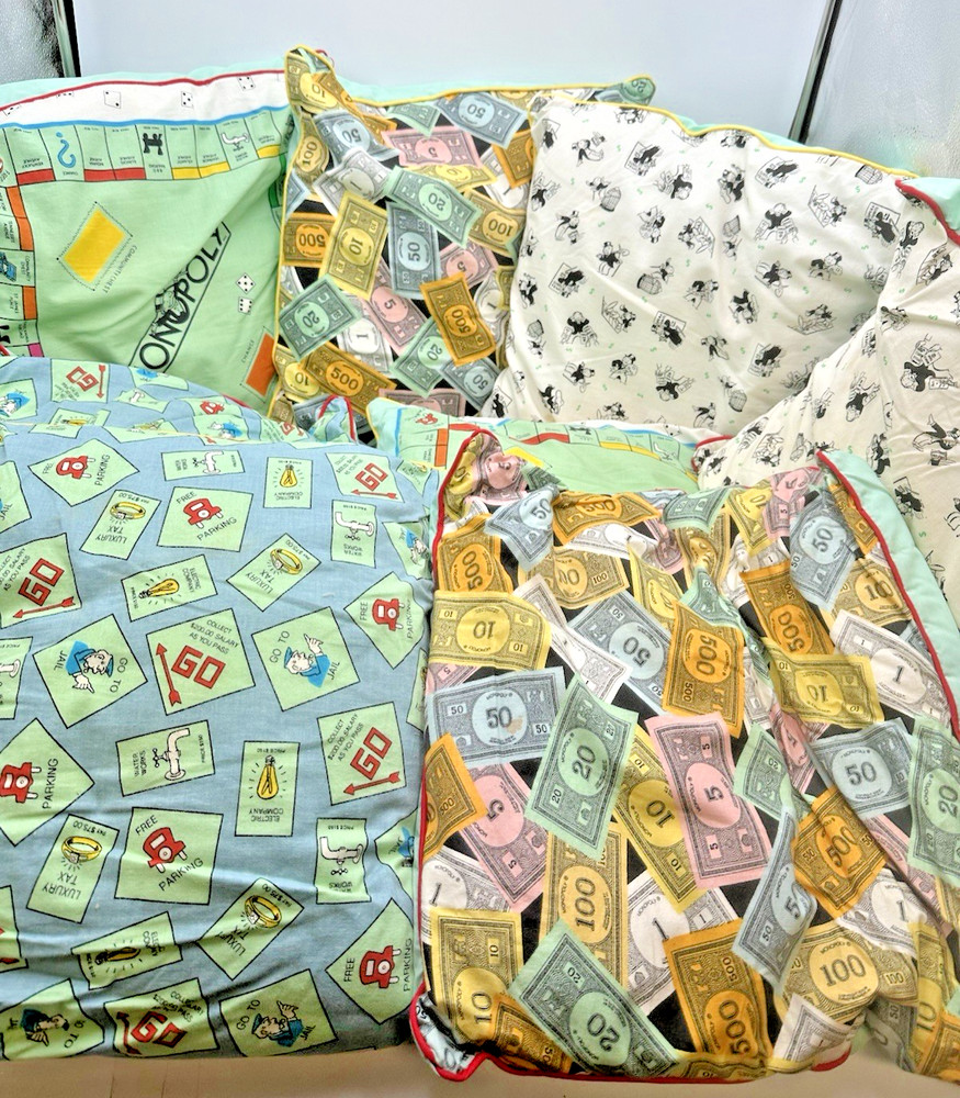 8 Monopoly Handmade Throw Porch Pillows Vtg 18″ Removable Cover Board-game Theme