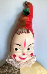 Vintage 1950’s 32 inch Carnival Prize Large Clown Jester Celluloid Face -Yikes!