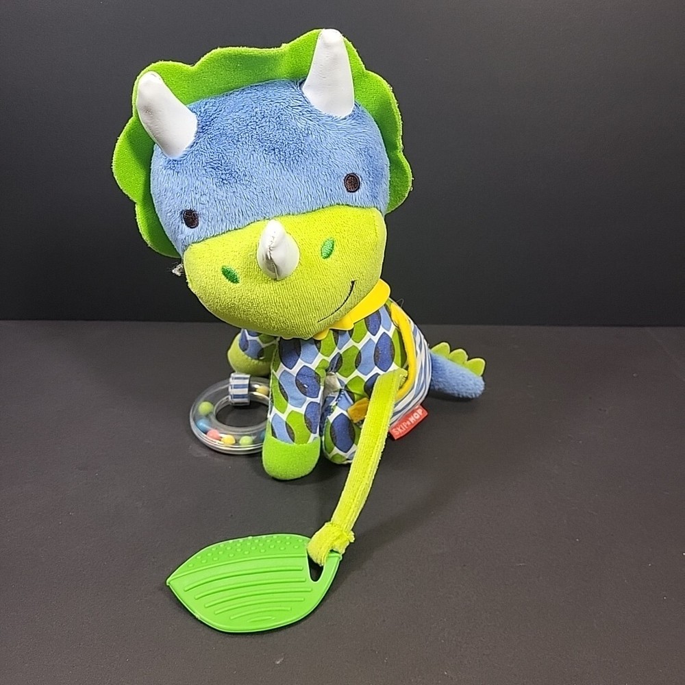 Skip Hop Rhino Plush Green Blue Yellow Teether Rattle Stroller Toy 9″ Rhinocerus